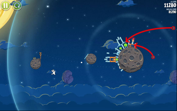 If the two birds circle around the planet, the probability that at least one of them will detonate the box is almost certain, thus allowing for the destruction of the area as well as a successful extermination of the pigs - Level 1-27 - Pig Bang - Angry Birds Space - Game Guide and Walkthrough