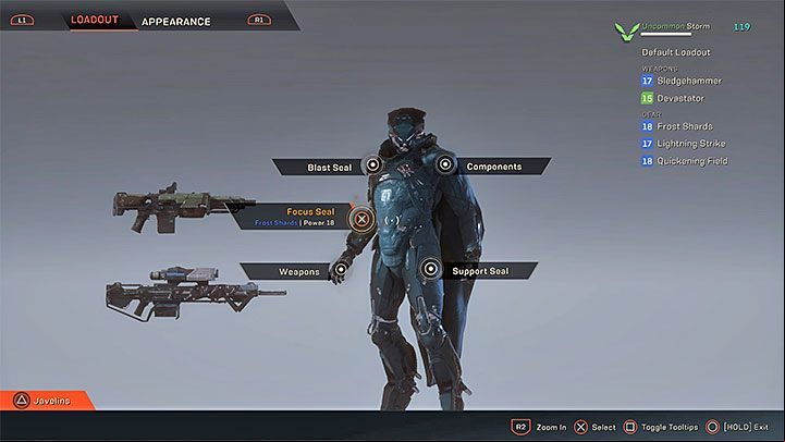 Modifying a Javelins equipment is possible right after you open the Forges main menu window (in the Layout tab) - How to change the Javelin and its equipment in Anthem? - Javelin Classes - Anthem Guide