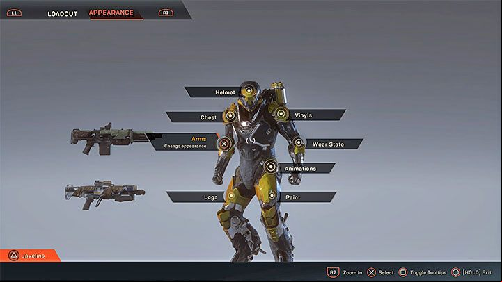 The last change you can do in the Forge menu is to modify the appearance of your Javelin - How to change the Javelin and its equipment in Anthem? - Javelin Classes - Anthem Guide