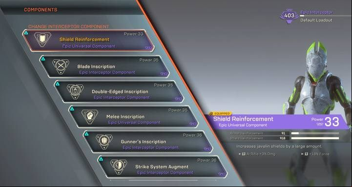 Components - choose components that can increase your Javelins durability and increase damage dealt with firearms and melee weapons - Interceptor class javelin in Anthem - Javelin Classes - Anthem Guide