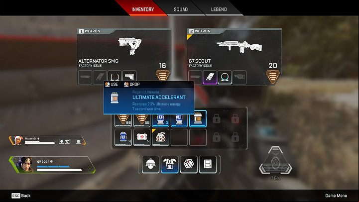 To use Ultimate Accelerant, enter the inventory, point your mouse to the item and use the action button - How to charge my special ability faster in Apex Legends? - FAQ - Apex Legends Guide