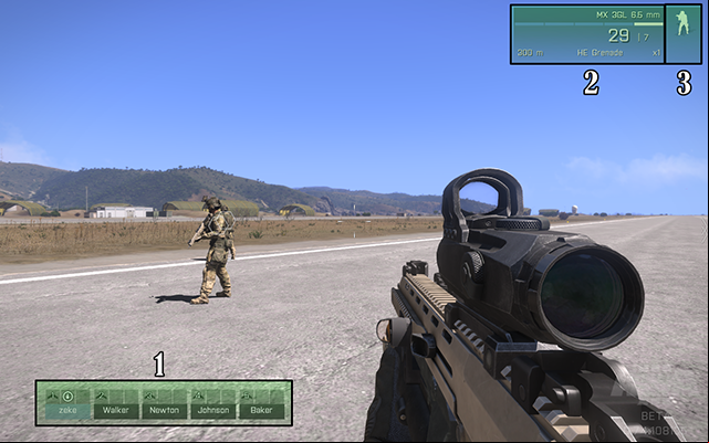 1: shows the names of the in your team, as well as icons that indicate what vehicle your teammate is in - Interface - Gameplay Basics - Arma III - Beta - Game Guide and Walkthrough