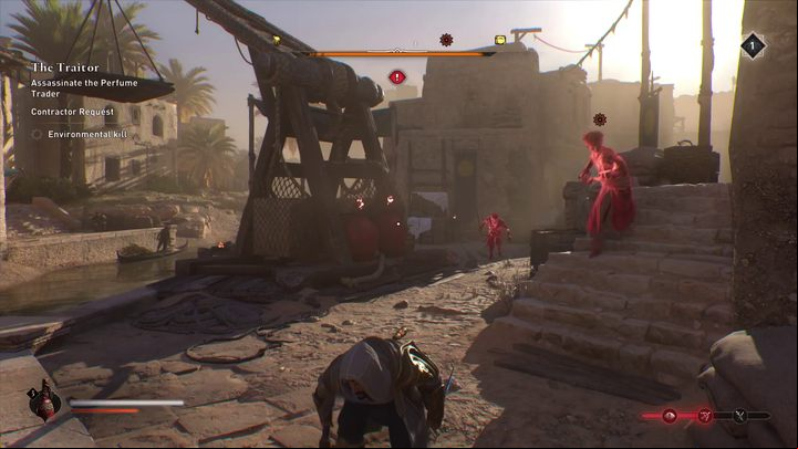 Lure the pursuers chasing you to the area around the barrels, then blow up the improvised bomb with an accurate knife throw - AC Mirage: How to execute an environmental kill? - FAQ - AC Mirage Guide