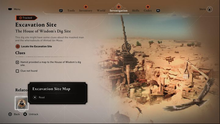 In the new menu, at the very bottom, at the Related Clues paragraph, you'll find a map icon - AC Mirage: How to find Excavation Site? - FAQ - AC Mirage Guide