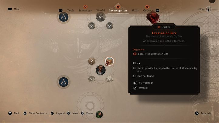 To view the clues received from Hamid in House of Wisdom, open the menu and then choose "Investigation" tab - AC Mirage: How to find Excavation Site? - FAQ - AC Mirage Guide