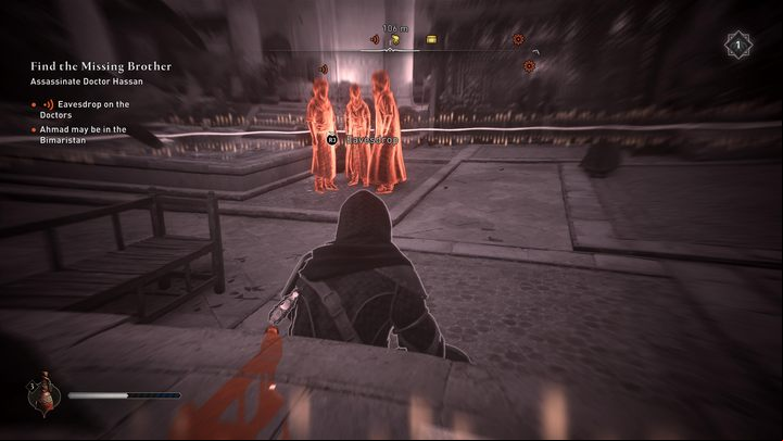 When the game decides that your hiding place is good enough, a bubble with the appropriate button will appear above the targets' heads - AC Mirage: How to eavesdrop? - FAQ - AC Mirage Guide