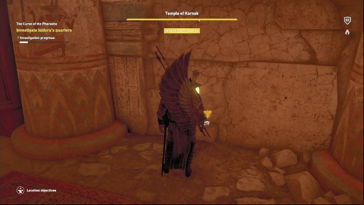 Examine the papyruses, tablets, cloths, the relic and the documents hidden behind the stone presented in the picture above - The Curse of the Pharaohs part 3 - AC Origins The Curse of the Pharaohs DLC | Main quests - Main quests - Assassins Creed Origins Guide