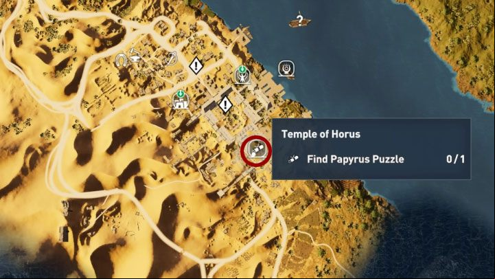 This papyrus can be found in the Temple of Horus, in the Sapi-Res Nome province - Papyrus Puzzle in Sapi-Res Nome - Papyruses - Assassins Creed Origins Guide