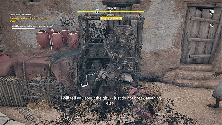 When you get closer to the quest marker (one of the main streets near Hathor temple), you will notice a child that stole something and is now running away - Memphis side quests and quest map | Walkthrough - Side quests - Assassins Creed Origins Guide