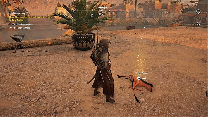 The second objective is to get 2 Flamingo Tongues and 2 Heron Feathers - Memphis side quests and quest map | Walkthrough - Side quests - Assassins Creed Origins Guide