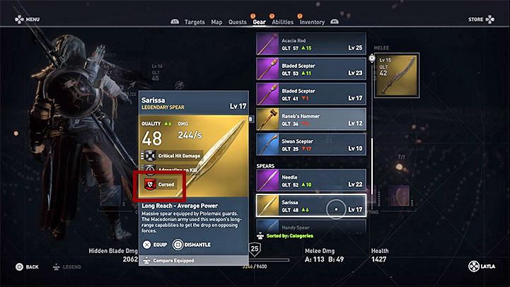 The reason is that you have placed a Cursed item in one of your active inventory slots - Why did Bayek become weaker all of a sudden? - FAQ - Assassins Creed Origins Guide