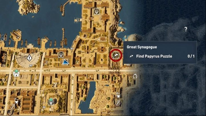 This papyrus can be found in the Great Synagogue in the Alexandria province - Papyrus Puzzle in Alexandria - Papyruses - Assassins Creed Origins Guide