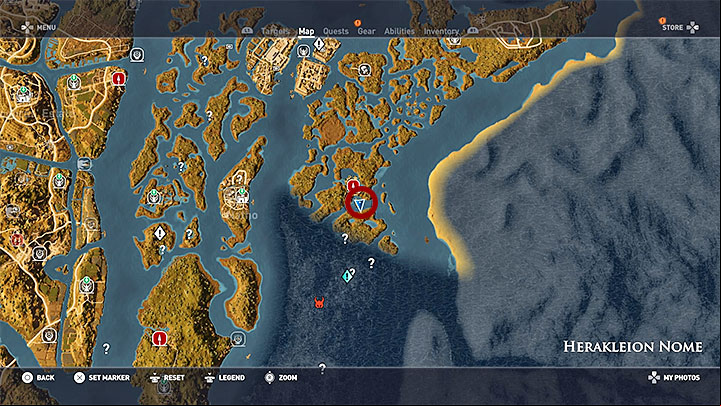 In order to find the treasure, you must head to the south-east corner of Herakleion Nome province - Papyrus Puzzle in Herakleion Nome - Papyruses - Assassins Creed Origins Guide