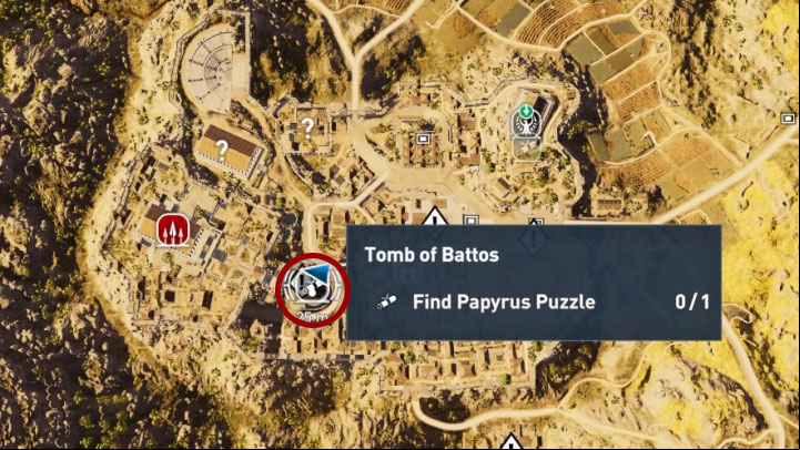 This papyrus can be found in Tomb of Battos, in the city of Cyrene in the Kyrenaika province - Papyrus Puzzle in Kyrenaika - Papyruses - Assassins Creed Origins Guide