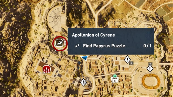 This papyrus can be found in Apollonion of Cyrene in the Kyrenaika province - Papyrus Puzzle in Kyrenaika - Papyruses - Assassins Creed Origins Guide