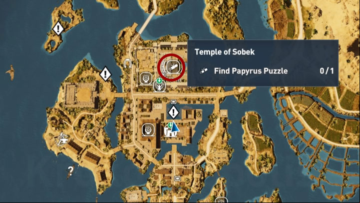 This papyrus can be found in Temple of Sobek in the city of Krokodilopolis in the Faiyum Oasis - Papyrus Puzzle in Faiyum Oasis - Papyruses - Assassins Creed Origins Guide