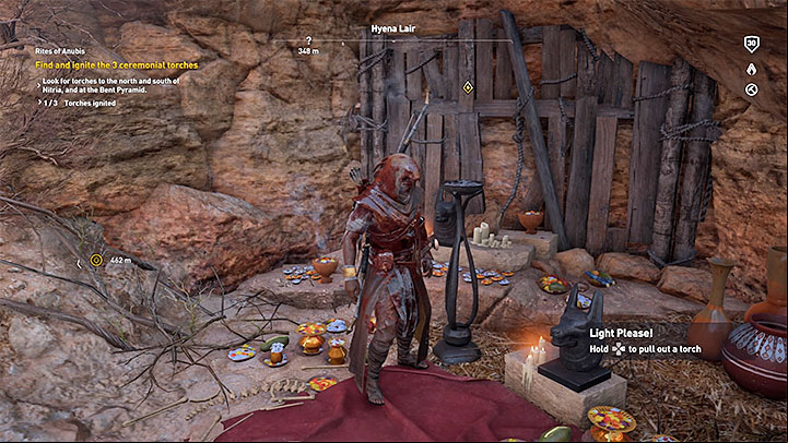The ceremonial torch located in south-west is near a hyena lair (levels 22-25) - Saqqara Nome side quests and quest map | Walkthrough - Side quests - Assassins Creed Origins Guide
