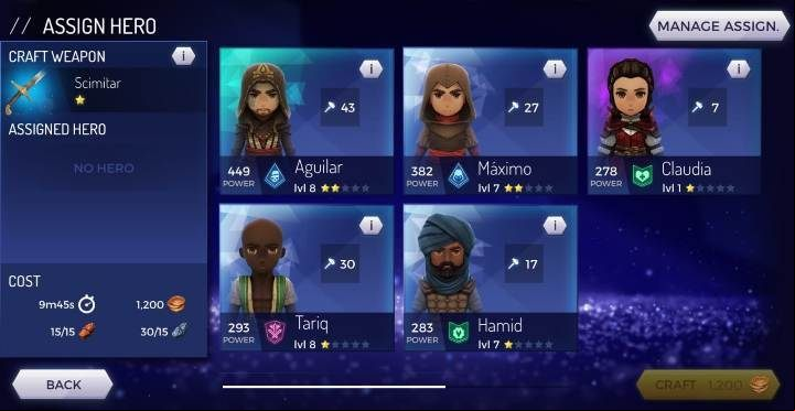 Then you can choose the weapon you are interested in and the character who will create it - Weapons available in the Assassins Creed Rebellion game - Equipment - Assassins Creed Rebellion Guide