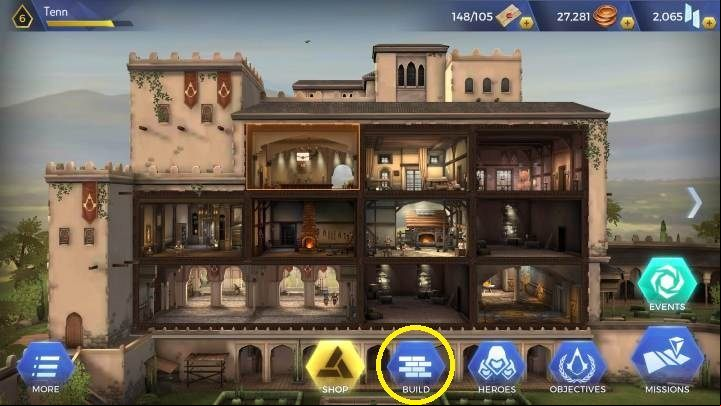 To create a new room, you must open the build tab marked on the screen above - How to create headquarters rooms in Assassins Creed Rebellion? - Headquarters - Assassins Creed Rebellion Guide