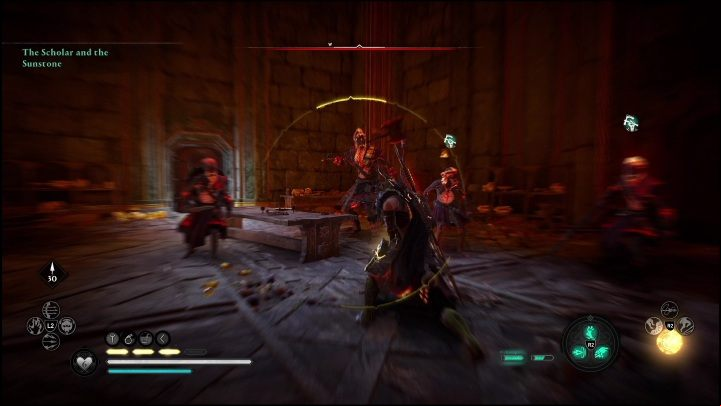 A cut-scene will be activated, which concludes as you find yourself in a room full of enemies - AC Valhalla Dawn of Ragnarok: The Scholar and the Sunstone - Walkthrough - Assassins Creed Valhalla Guide and Walkthrough