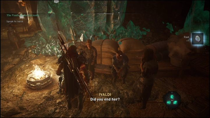 You will find Ivaldi by the campfire, along with several other dwarves - AC Valhalla Dawn of Ragnarok: Vault of the Ancients - Walkthrough - Assassins Creed Valhalla Guide and Walkthrough