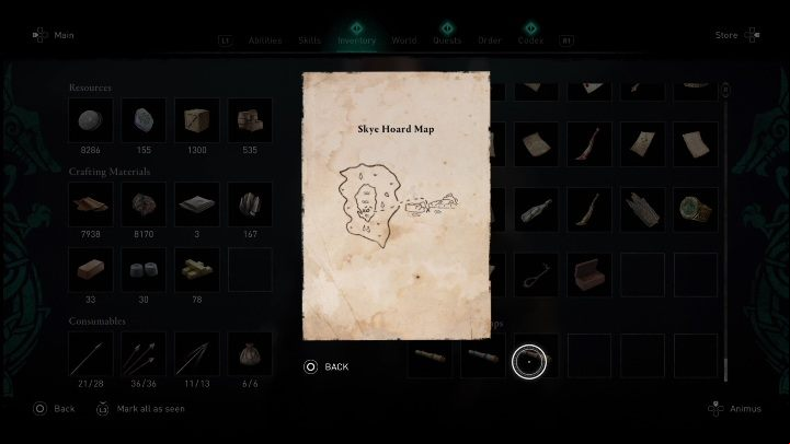 The treasure is in the southern part of the region, on a small isle located in the middle of the lake - AC Valhalla Crossover Stories: Treasure Hoard Map on Isle of Skye - location - Secrets and Collectibles - Assassins Creed Valhalla Guide and Walkthrough