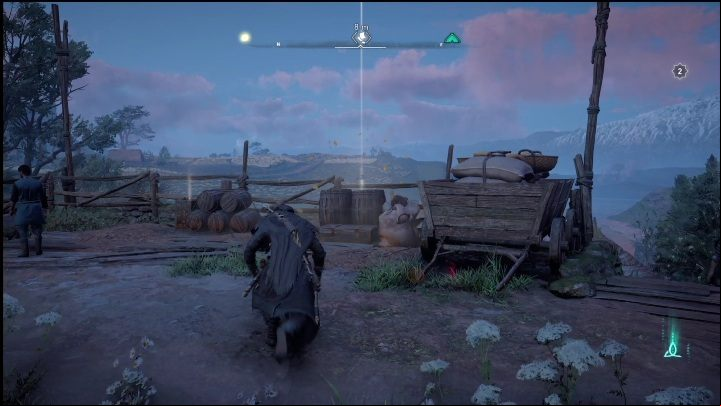 Start: The design hangs over two barrels, located right next to a wooden railing - AC Valhalla Crossover Stories: Flaying Papers - Isle of Skye - locations - Secrets and Collectibles - Assassins Creed Valhalla Guide and Walkthrough