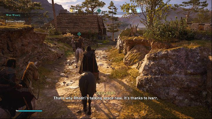 After the conversation, leave the building, get on your horse and go with Ceolbert to meet King Rhodrius and bishop Deorlaf - Assassins Creed Valhalla: War Weary - Sciropescire - Assassins Creed Valhalla Guide and Walkthrough