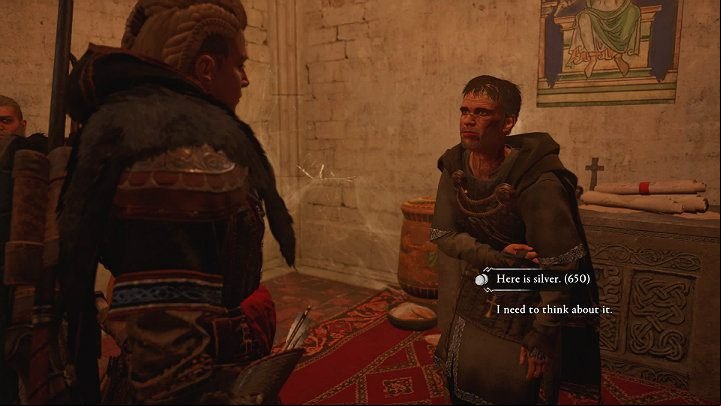 After a while, the bishop will ask Eivor for a private conversation and say that he has a large amount of silver (650 coins) - Assassins Creed Valhalla: War Weary - Sciropescire - Assassins Creed Valhalla Guide and Walkthrough