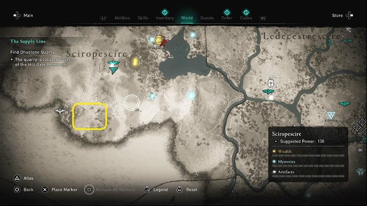 You will find the quarry south of the refugee camp, behind the remains of the Hill Gate Remnants - Assassins Creed Valhalla: The Supply Line - Sciropescire - Assassins Creed Valhalla Guide and Walkthrough