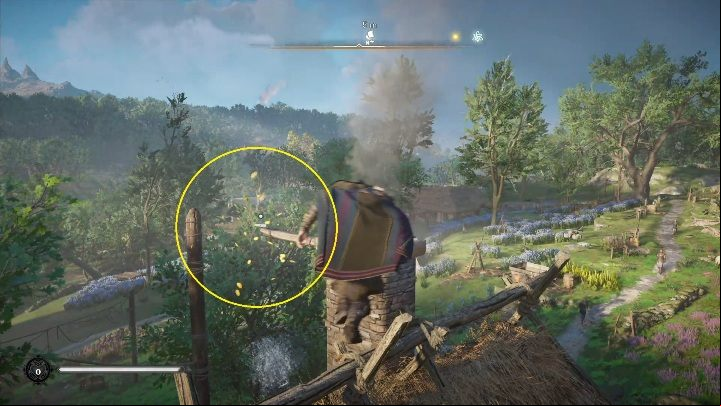 Beginning: The paper hangs above the chimney, on one of the houses - Assassins Creed Valhalla: Flaying Paper - Oxenefordscire secrets, locations - Oxenefordscire - Assassins Creed Valhalla Guide and Walkthrough