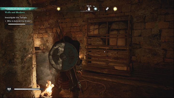 Go up to the wall where you found the surgical instruments and move the rack with the packages further down the underground complex - Assassins Creed Valhalla: Walls and Shadows - Lunden - Assassins Creed Valhalla Guide and Walkthrough