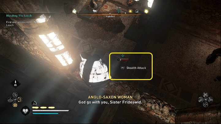 You can attack Sister Frideswid (THe Leech) from above and kill her with the hidden blade - Assassins Creed Valhalla: Bleeding the Leech - Lunden - Assassins Creed Valhalla Guide and Walkthrough