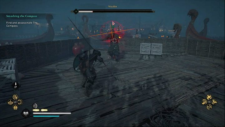 Watch out for the red flash, which announces a powerful attack that cannot be blocked so you will have to avoid it - Assassins Creed Valhalla: Smashing the Com - Lunden - Assassins Creed Valhalla Guide and Walkthrough
