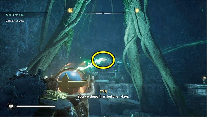 Aim the beam at the marked object at the ceiling - Assassins Creed Valhalla: How to open Well of Urdr in Asgard? - Exploration - Assassins Creed Valhalla Guide and Walkthrough