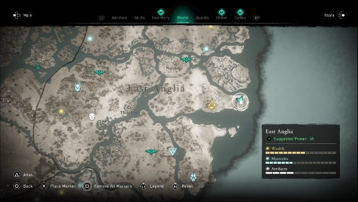 The location of the cursed place: in the east of the map, on the shore - Assassins Creed Valhalla: Cursed symbol - East Anglia secrets, locations - East Anglia - Assassins Creed Valhalla Guide and Walkthrough