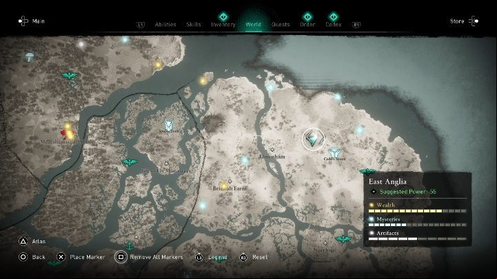 The location of the cursed place: east of Elemenham - Assassins Creed Valhalla: Cursed symbol - East Anglia secrets, locations - East Anglia - Assassins Creed Valhalla Guide and Walkthrough