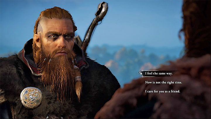 You can choose a dialog option marked with a heart so that Eivor will confirm that he reciprocates the feeling - Assassins Creed Valhalla: Randvi - romance - Romances - Assassins Creed Valhalla Guide and Walkthrough