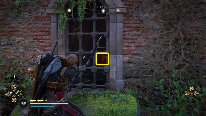 Go around the building, stand in the spot shown in the image above and shoot off the door lock, then go underground - Assassins Creed Valhalla: The Anchoress - Oxenefordscire - Assassins Creed Valhalla Guide and Walkthrough