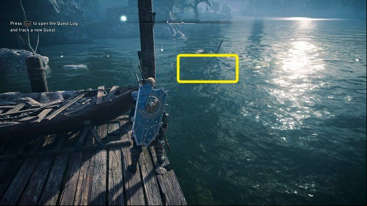Jump into the water and swim to the spot marked in the image above - Assassins Creed Valhalla: The Last Flight of Gyldan Sparrow - Lunden - Assassins Creed Valhalla Guide and Walkthrough
