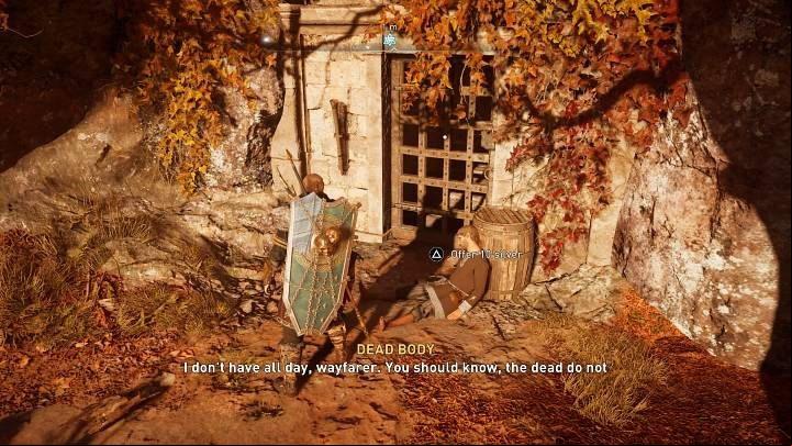 The corpse wants you to donate a small offering (10 pieces of silver) so that it can go peacefully to the land of the dead - Assassins Creed Valhalla: The Puppeteer - Sciropescire - Assassins Creed Valhalla Guide and Walkthrough