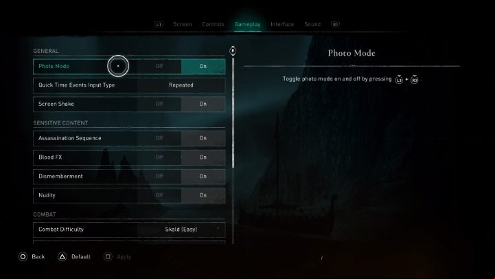 In the beginning, it is worth checking if the photo mode is active in the game options in the Gameplay tab - Assassins Creed Valhalla: How to use photo mode? - Appendix - Assassins Creed Valhalla Guide and Walkthrough