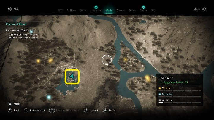 The second clue that will help you figure out where the Wren is hiding can be found in Lough Gara, in the place marked in the picture above - AC Valhalla Wrath of the Druids: Potion of Blood - Walkthrough - Assassins Creed Valhalla Guide and Walkthrough