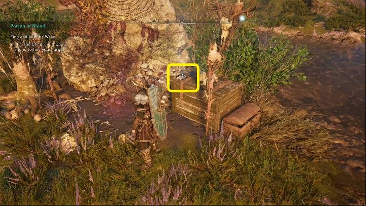 The second and final clue lies on a wooden crate, in the location shown in the above picture - AC Valhalla Wrath of the Druids: Potion of Blood - Walkthrough - Assassins Creed Valhalla Guide and Walkthrough