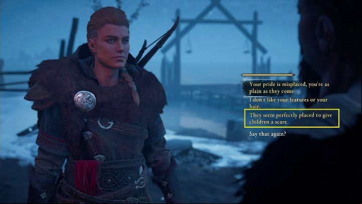 For the second dialogue you have to use the third answer - Assassins Creed Valhalla: Flyting - Rygjafylke secrets, locations - Rygjafylke - Assassins Creed Valhalla Guide and Walkthrough