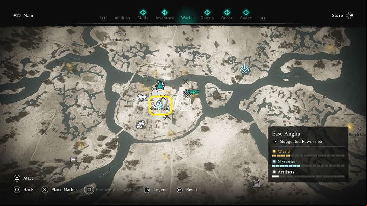 In the place marked in the picture above, you will find a long house - Assassins Creed Valhalla: Edmunds Arrows - East Anglia - Assassins Creed Valhalla Guide and Walkthrough