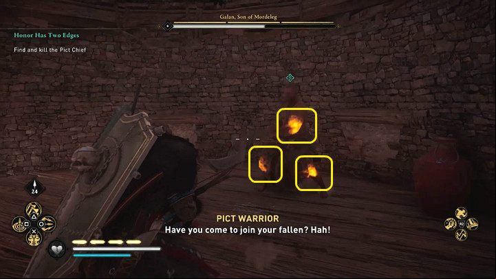 The opponent has three weak points: left biceps, right knee, and left knee - Assassins Creed Valhalla: Honor Has Two Edges - Eurvicscire - Assassins Creed Valhalla Guide and Walkthrough