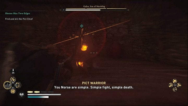 If you want to fight in the traditional way to avoid or block enemy attacks, which are indicated by a yellow rune flash Fortunately, the leader of the Picts is not that durable, so a few quick counter-attacks should be enough to defeat him - Assassins Creed Valhalla: Honor Has Two Edges - Eurvicscire - Assassins Creed Valhalla Guide and Walkthrough