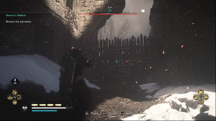 Grab the oil jug that stands at the wall on the left and throw it at the palisade to open the age for your troops - Assassins Creed Valhalla: Honors Hubris - Eurvicscire - Assassins Creed Valhalla Guide and Walkthrough