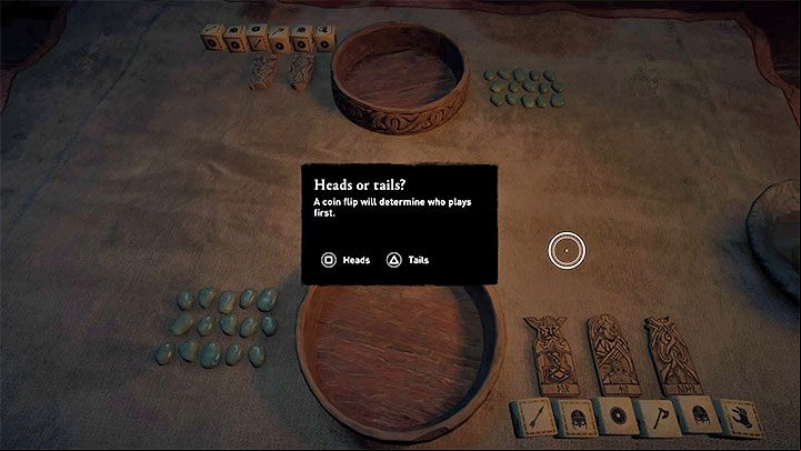 Whoever starts the game is decided by a coin toss, and you can bet wether it will be heads or tails - Assassins Creed Valhalla: Orlog - how to win the dice game? - Basics - Assassins Creed Valhalla Guide and Walkthrough